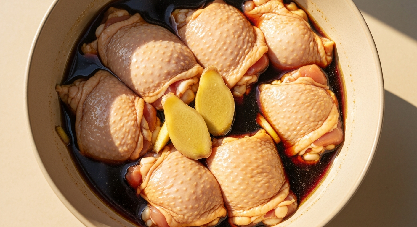 Chicken thigh pieces marinating in soy sauce and ginger