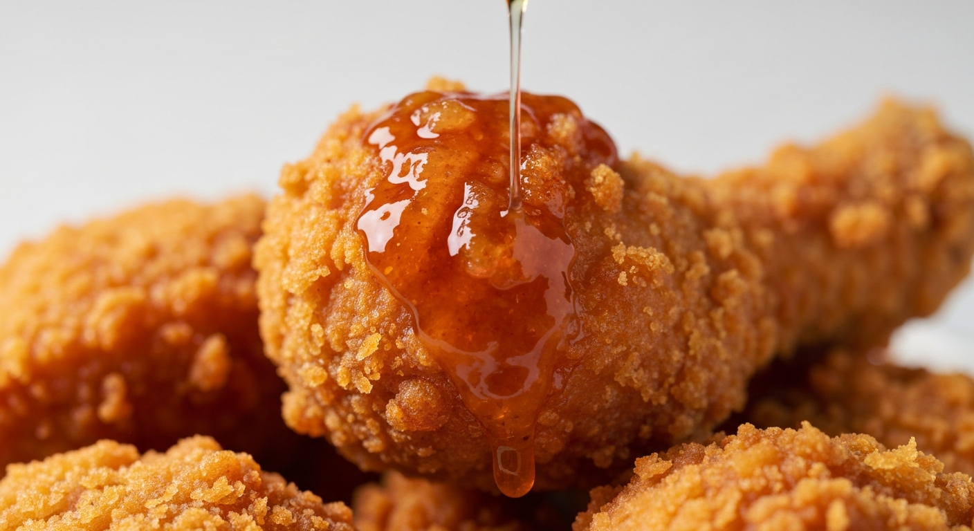 Close-up of thin crispy Korean fried chicken crust with gochujang glaze