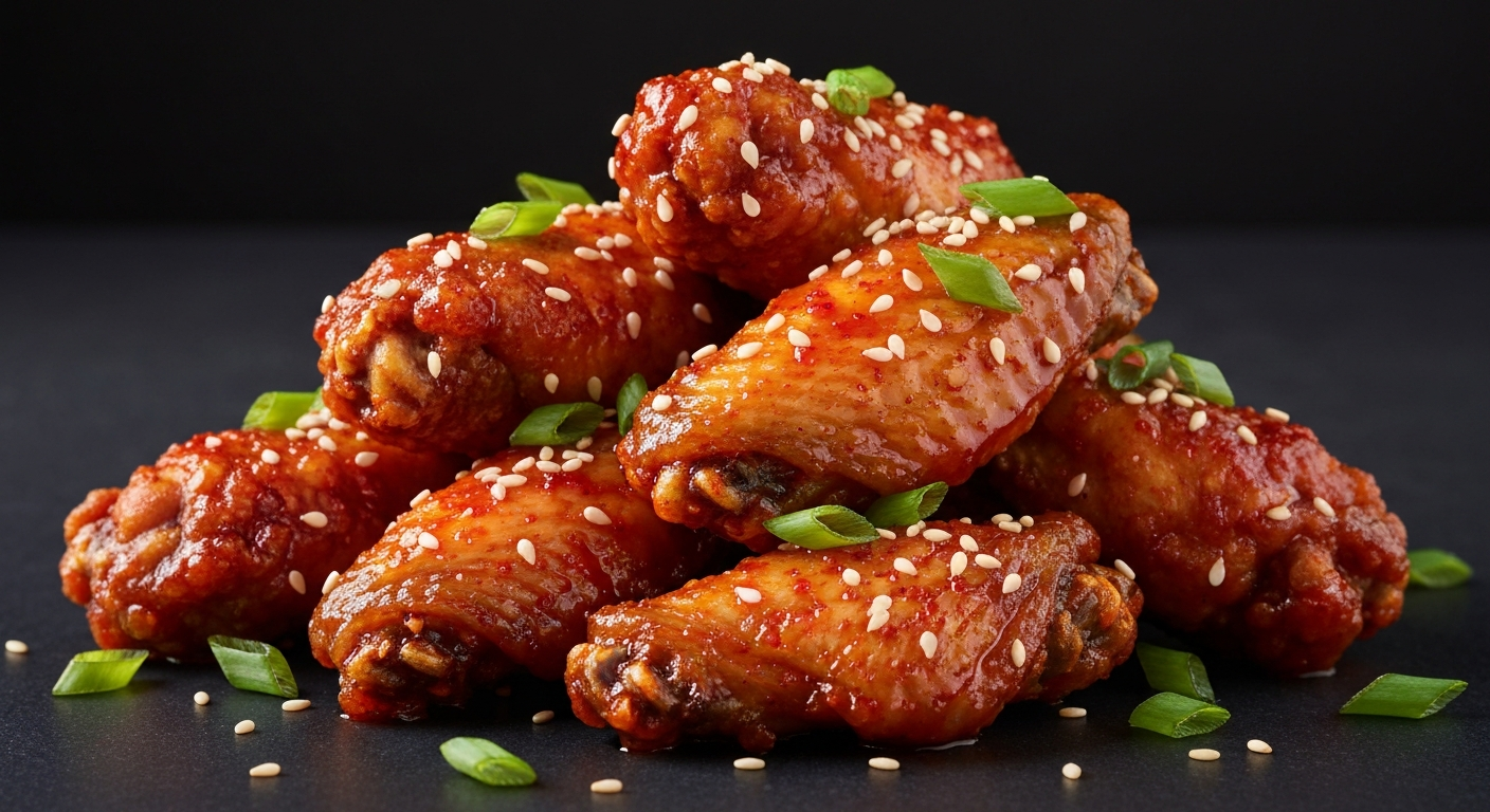 Glossy glazed Korean fried chicken wings piled on a plate