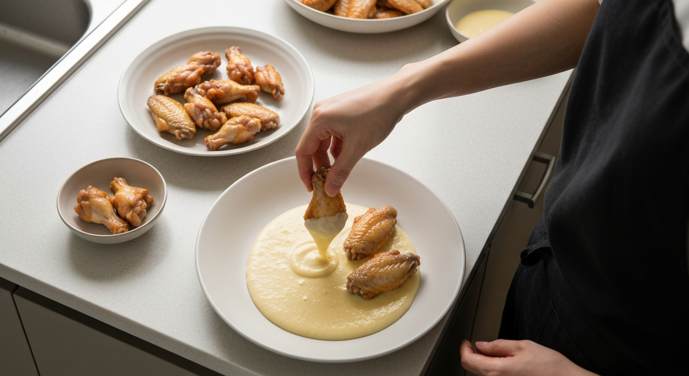 Wings being coated in thin potato starch batter