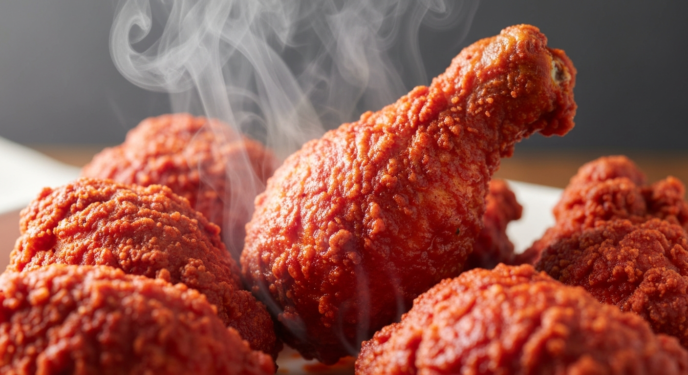 Close-up of Nashville hot chicken showing deep red spicy coating