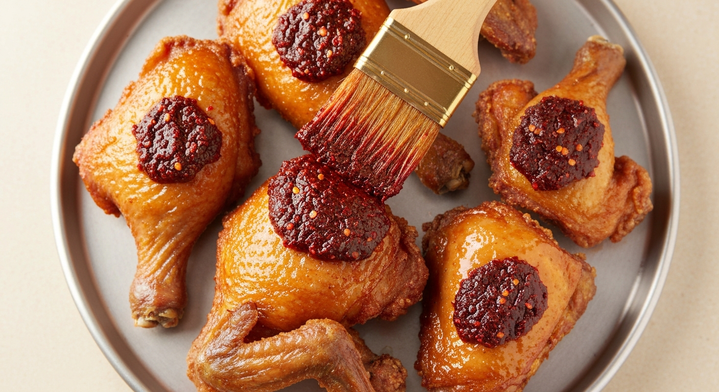 Dark red cayenne paste being brushed onto freshly fried chicken