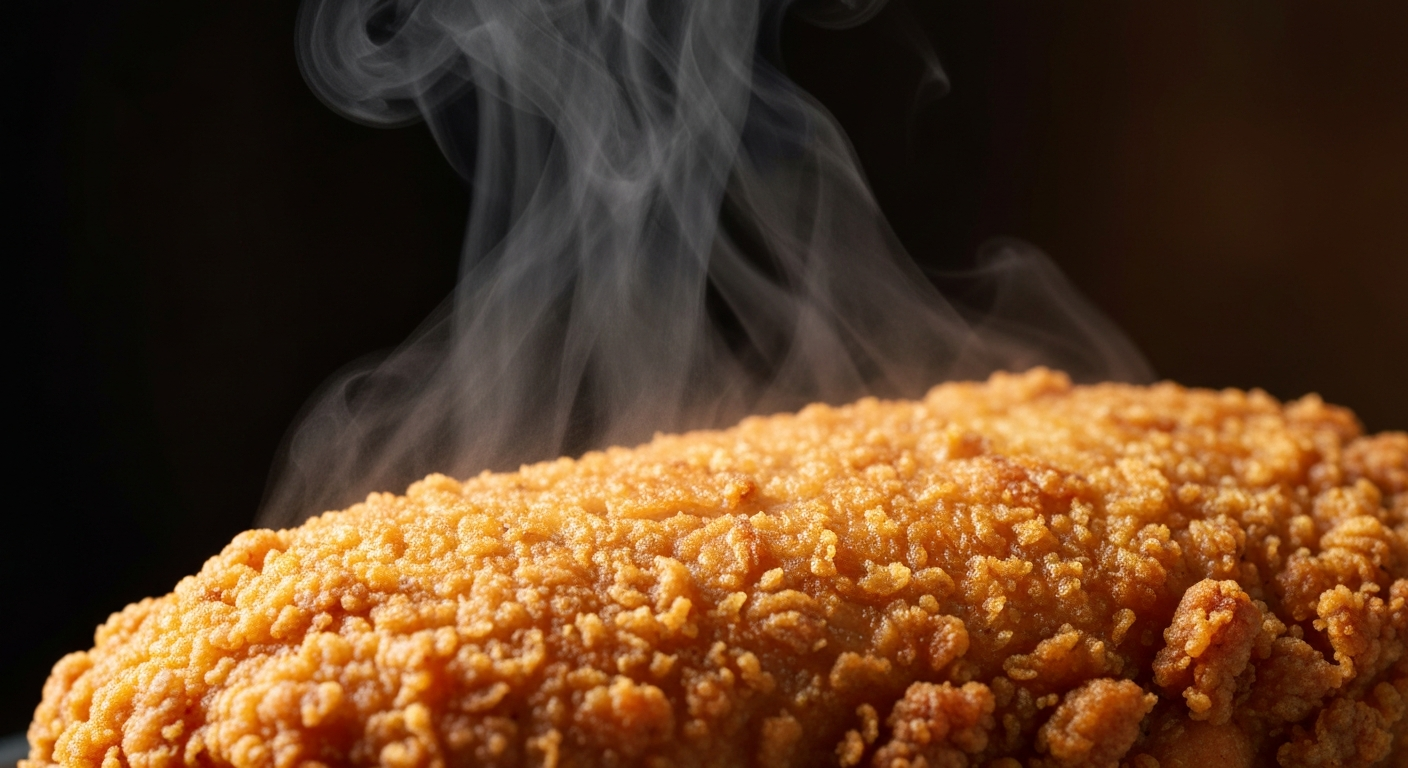 Close-up of shatteringly crispy fried chicken crust