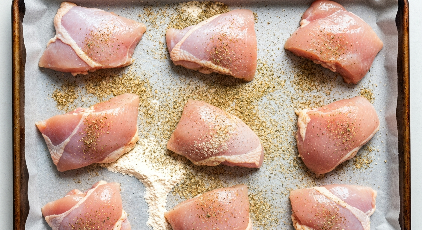 Chicken pieces being double-dredged in seasoned flour