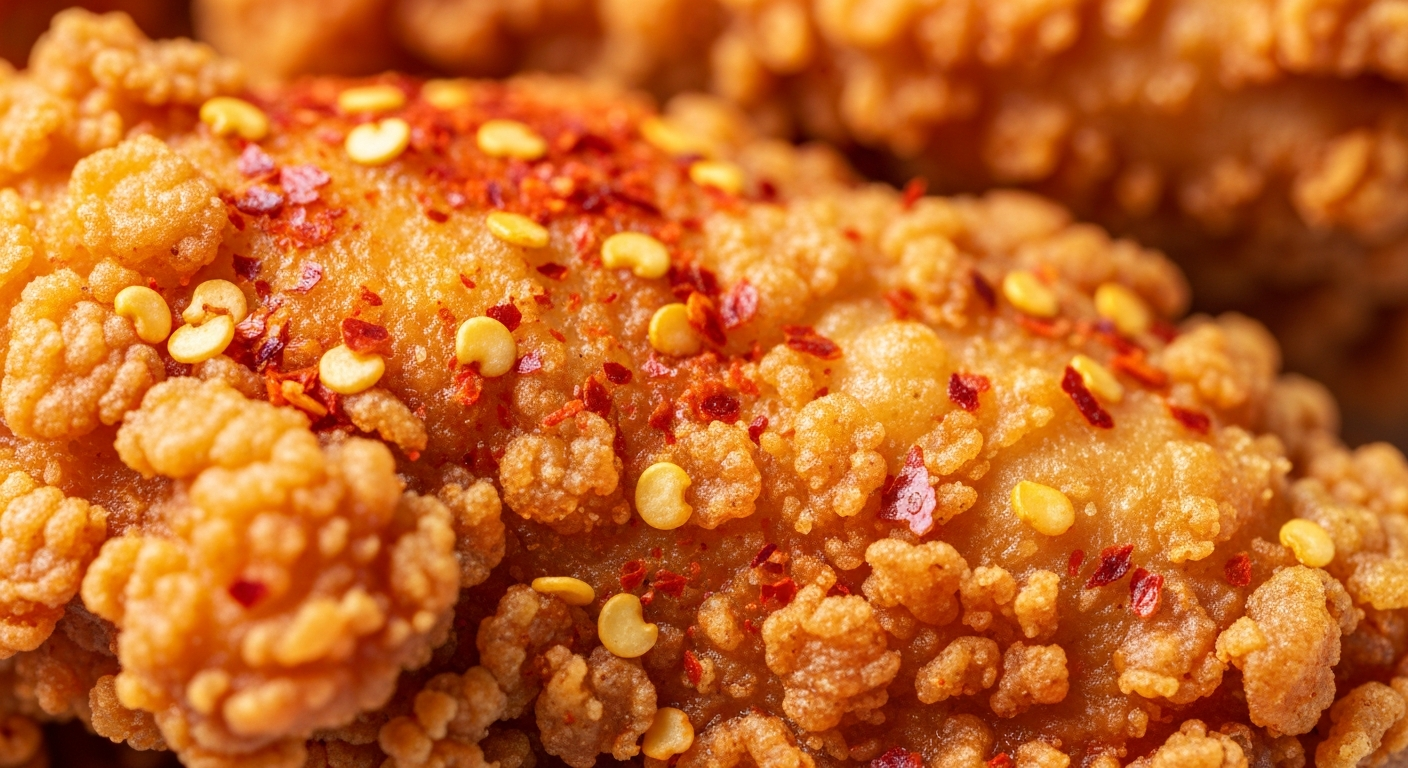 Close-up of spicy red fried chicken with visible chili flakes in crust