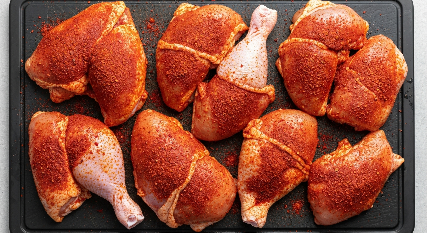 Spicy seasoning being rubbed onto raw chicken